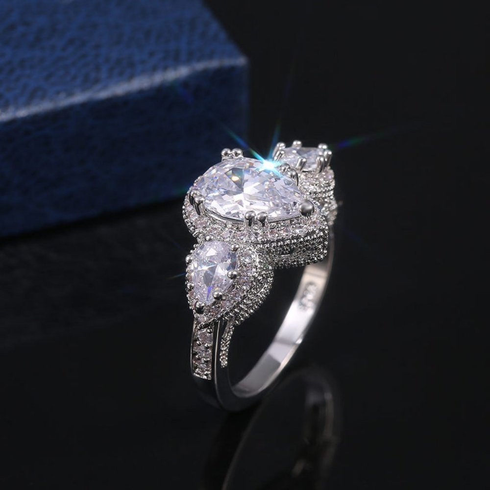 NEW 925 Silver Teardrop Diamond Halo Wedding Ring - Picture 4 of 6